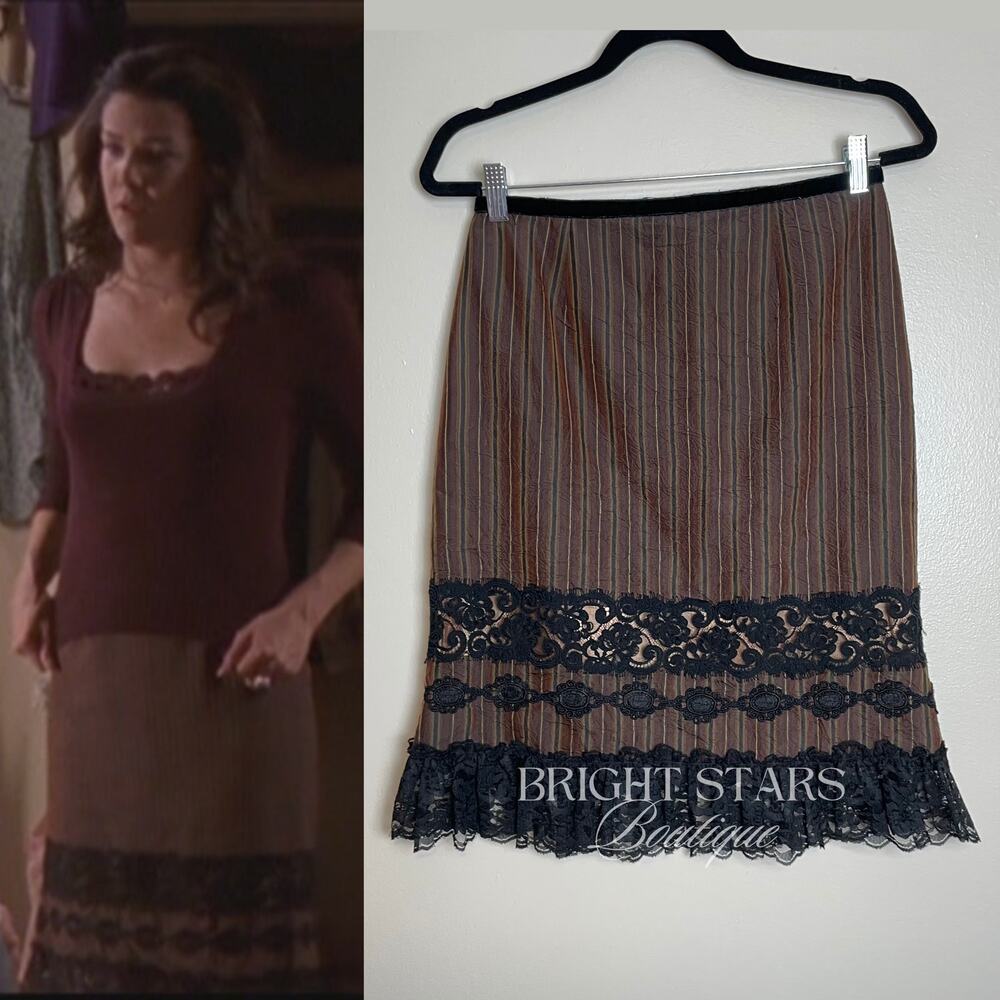 Rare Brown Stripe Lace Trim Pencil Skirt ASO Lorelai Gilmore Girls Vintage Y2K